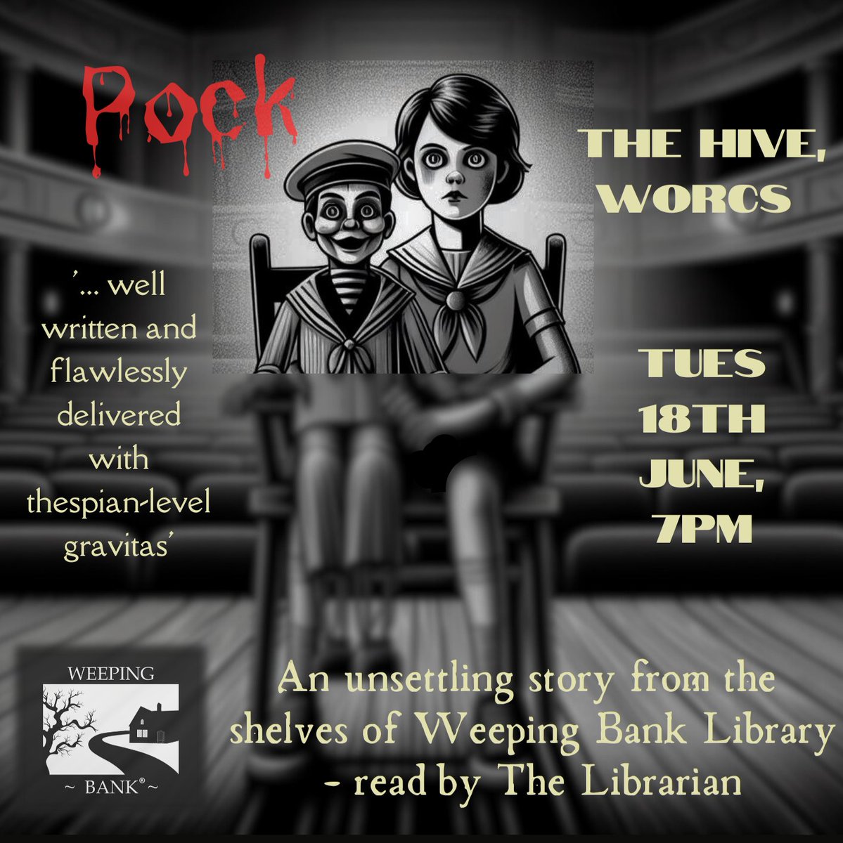 WeepingBank's tweet image. ***RESCHEDULED DATE DUE TO ILL HEALTH***

The Librarian returns to @TheHiveWorcs, Tues 18 June, 7pm to read 'Pock' - an immersive tale after dark that will draw you into the shadowy world of witchcraft, possession &amp;amp; the occult.

Tickets: e-services.worcestershire.gov.uk/LibraryEvents/…
