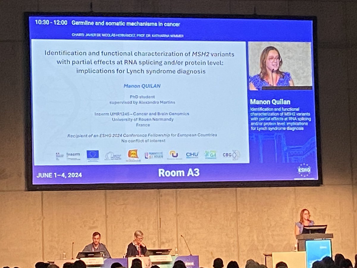 Assessing the effect of MSH2 variants on RNA splicing and protein effects: what is the minimal amount of MSH2 required for activity? #eshg2024 
Nice talk <a href="/ManonQuilan/">Manon Quilan</a> ! Ready for the PhD defense ;) 💪 
<a href="/univrouen/">Université de Rouen Normandie</a> <a href="/InsermNordOuest/">Inserm Nord Ouest</a>