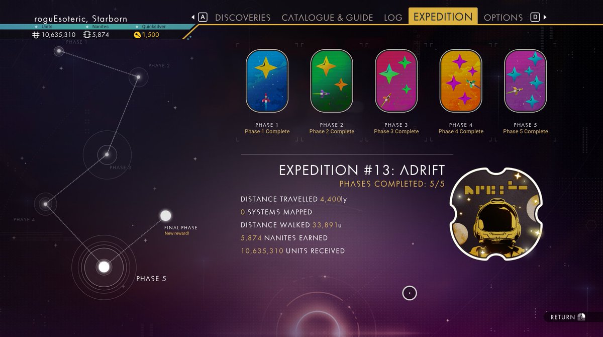 roguEsoteric's tweet photo. I really enjoyed the #NoMansSky Adrift Expedition! Knocked it out in about 8 hours today. Loved the refreshing take and story behind this one. https://t.co/zZ8ukx1Vii