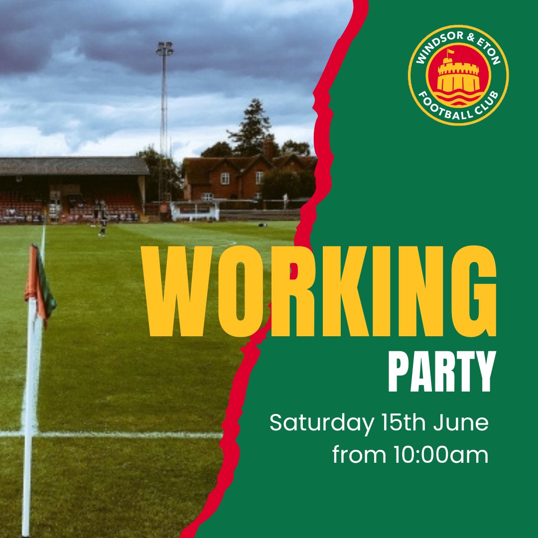 WindsorEtonFC's tweet photo. Following yesterdayβs last game, our attention turns to getting Stag Meadow pristine for the 2024/25 season π
So, on Saturday 15th June weβll be hosting our first working party of the summer.
Please give your support even if just for an hour to help with all the various jobs! https://t.co/Pi9MoUe99J