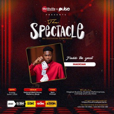 currentiyke's tweet photo. We out tonight for #AbujaMagicShow🙌😍
Astonishing magic that will leave you speechless, coupled with fun and unforgettable memories 😍
Get your ticket to #TheSpectacle TONIGHT.👇🏼
https://t.co/z4Mf4ovKoS
Time: 6pm
@thrillville_ https://t.co/hBDHWXlBU0