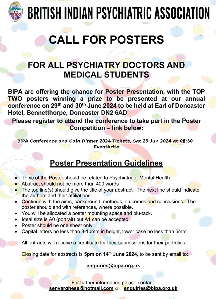 sri_2050's tweet photo. Poster Competition @bipa_uk  Conference on 29&amp; 30/6/24 in Doncaster. Win amazing prizes!
Deadline: 14/6/24 Share details with your contacts @Derektracy1 @DrLadeSmith @subodhdave1 @adave_NHS @rcpsychTrainees @drraja_ https://t.co/zXWmF8qjVR
