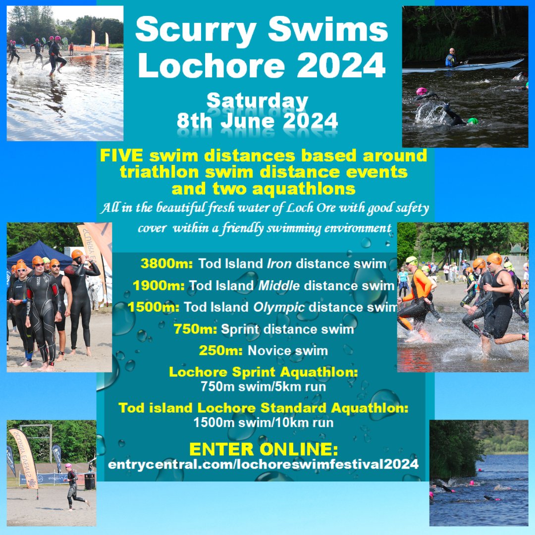 EventsScurry's tweet image. 7 days and counting!  Come and join us for the 2nd Scurry Swims Lochore - Sat 8th June 2024
3800m, 1900m, 1500m, 750m and 250m) and 2 Aquathlons -
entrycentral.com/Lochoreswimfes…
Bespoke competitor medals - race memento - full water safety team support - race commentary and lots more