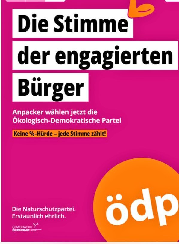 Countdown zur 🇪🇺 Europawahl: In 7️⃣ Tagen bitte wählen 🗳️ gehen.

Liste 11: Die Ökologisch-Demokratische Partei - Die Naturschutzpartei 🌱 

(GWÖ - Gemeinwohl zertifiziert)
