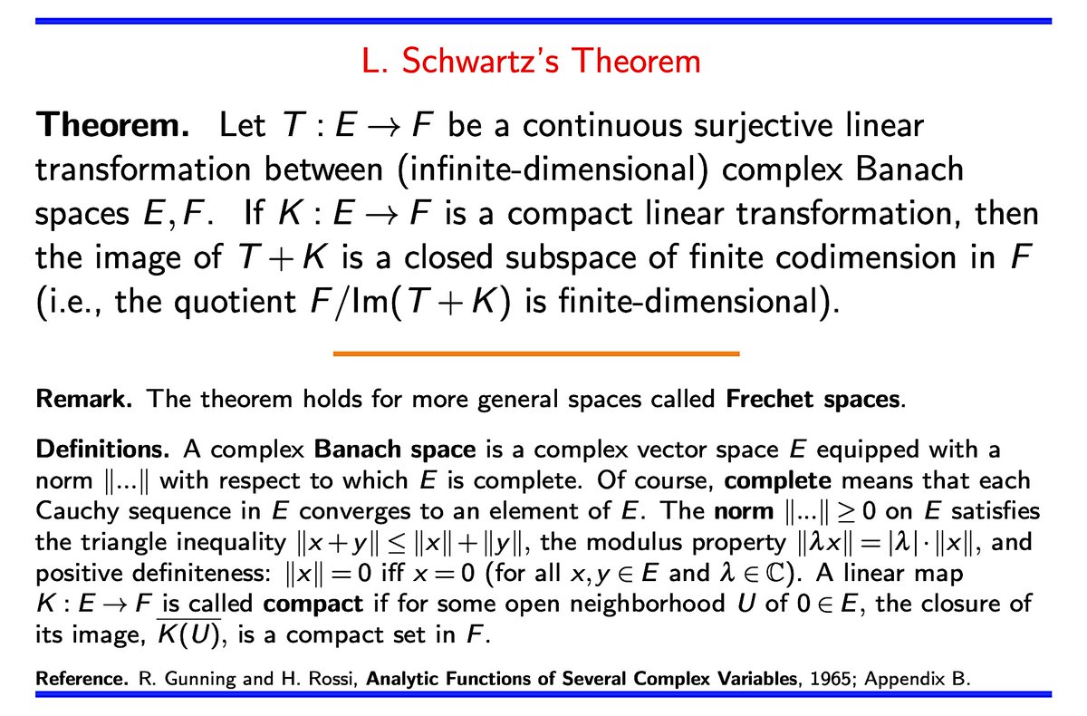 SamuelGWalters's tweet image. If a surjective linear map T of Banach spaces is perturbed by a compact linear map K, the image of their sum T+K is a closed subspace of finite co-dimension. Thus, compact maps can only mess up the image of T by a finite dimensional amount. #math #algebra #FunctionalAnalysis