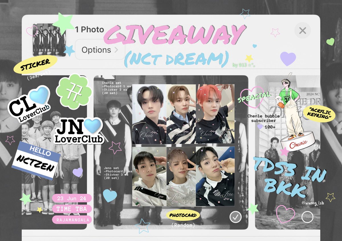 wwmglsh's tweet photo. 𐙚 pls kindly rt ⋆｡

♡ giveaway TDS3 in BKK

- Photocard&amp;sticker
- Jeno/Chenle 20 set (each)

☆ special Chenle bubble subscriber 
- Acrylic keyring 30 ea

date: 23Jun24 / time: tba
at rajamangala national stadium

#NCTDREAM_THEDREAMSHOW3_BANGKOK
#NCTDREAM_THEDREAMSHOW3_in_BKK https://t.co/GwaHyQWVVO