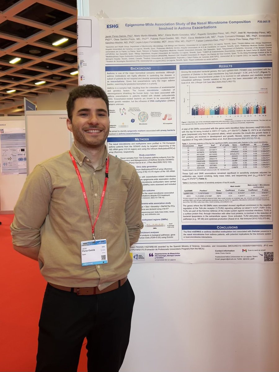 Javier_pg96's tweet photo. Ready for poster discussion session! If interested in #epigenetics 🧬 and #microbiome 🦠 in the context of #asthma exacerbations 🫁, come to see my poster on P20.65B today at 15:45 pm (Hall 4.2). Looking forward to learn and discuss science! #ESHG24 @eshgsociety @Gesalud_ULL https://t.co/OV2h3kjcpn