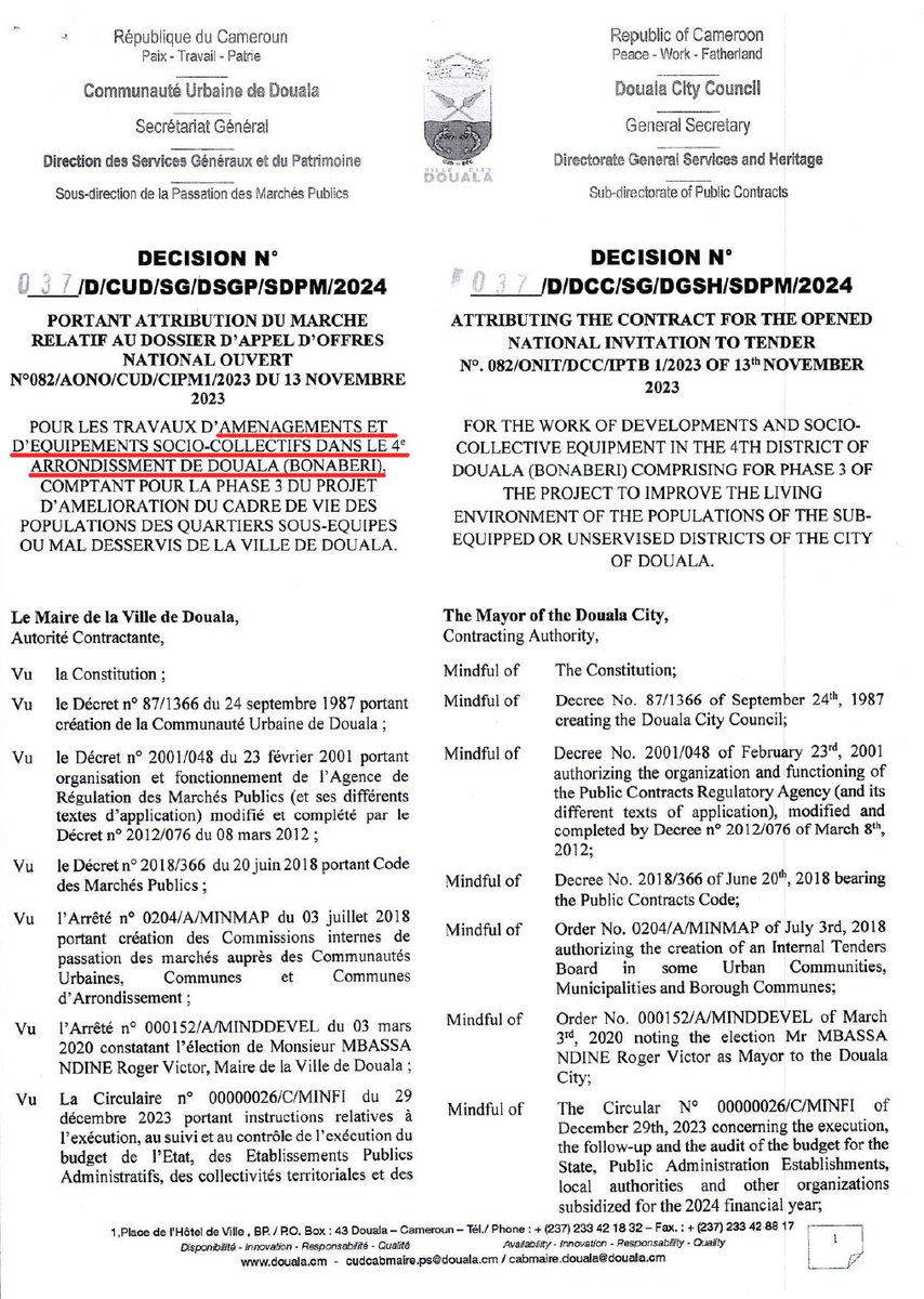 tassingremi's tweet image. Je sais que les gens sont concentrés sur le balon mais j'espère qu'à Douala on va garder l'oeil sur ce marché de plus d'un milliard octroyé à un établissement par la CUD.
«Amélioration du cadre de vie des populations des quartiers sous-équipés ou mal desservis...» BONABERI