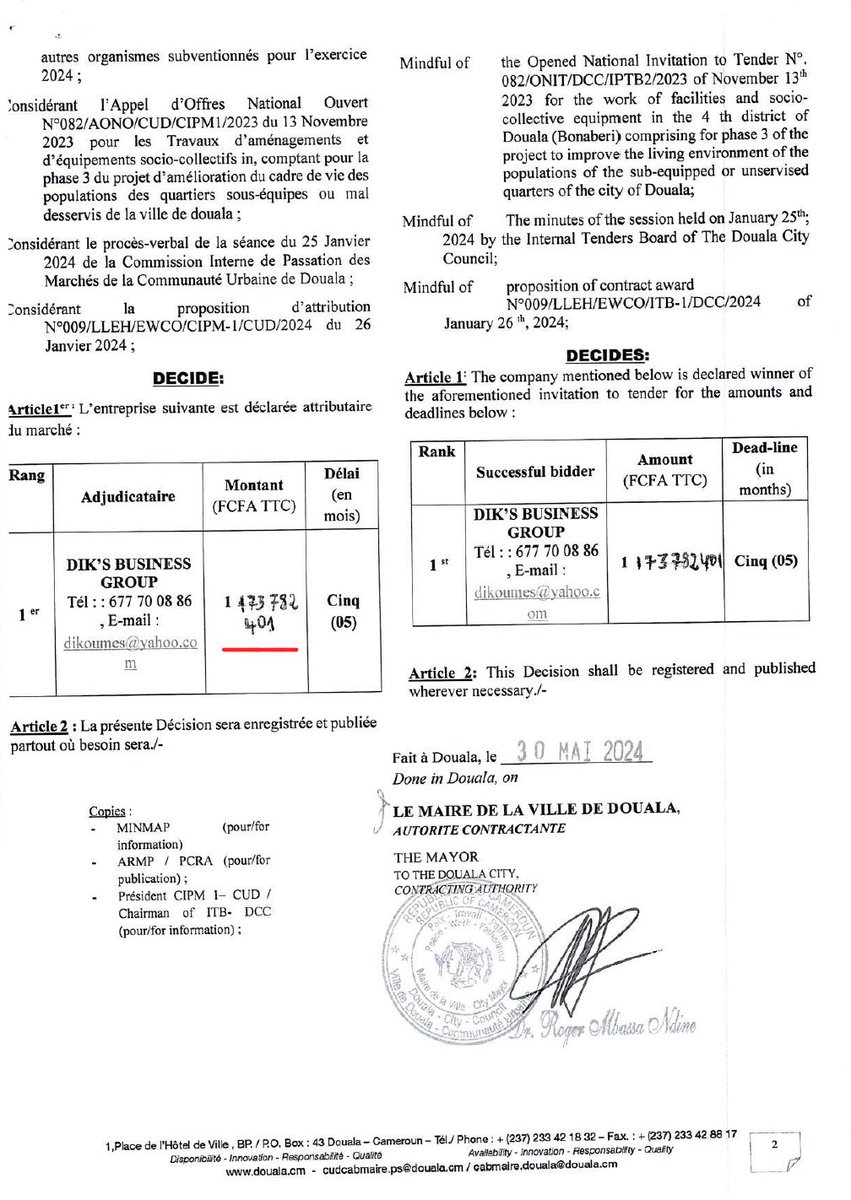 tassingremi's tweet image. Je sais que les gens sont concentrés sur le balon mais j'espère qu'à Douala on va garder l'oeil sur ce marché de plus d'un milliard octroyé à un établissement par la CUD.
«Amélioration du cadre de vie des populations des quartiers sous-équipés ou mal desservis...» BONABERI