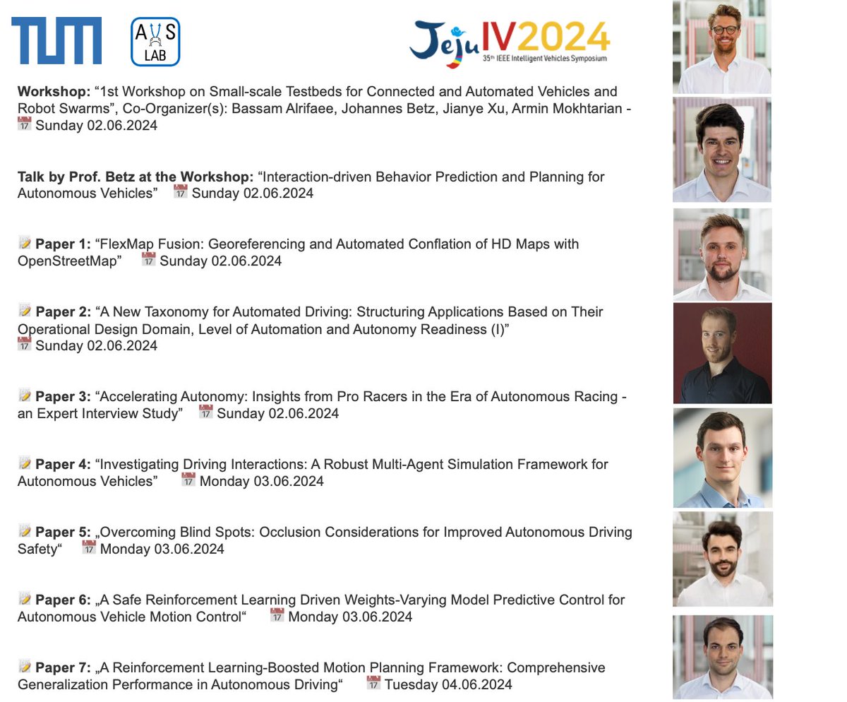 Our TUM Autonomous Vehicle Systems Lab is attending the <a href="/IEEE/">IEEE</a> Intelligent Vehicles Symposium (IV) 2024 this week. We are traveling to Jeju Island (Korea) to meet with researchers worldwide, our AVS Lab is represented by several papers, presentations, and workshops. <a href="/AutowareFdn/">The Autoware Foundation 🚗🚌🏎️</a>