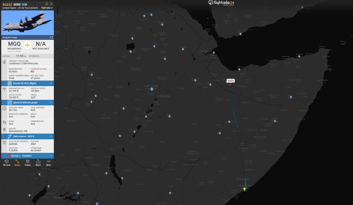 Dinlas3's tweet photo. Heavy rotation for 🇺🇸US Air Force (USAF) Lockheed C130H Hercules w/ reg. 92-0551 from 🇩🇯Djibouti to 🇸🇴Mogadishu, Somalia on June 1st, with 4x flights total. #ADFE86 @Borrowed7Time https://t.co/wSq7tQT5eG