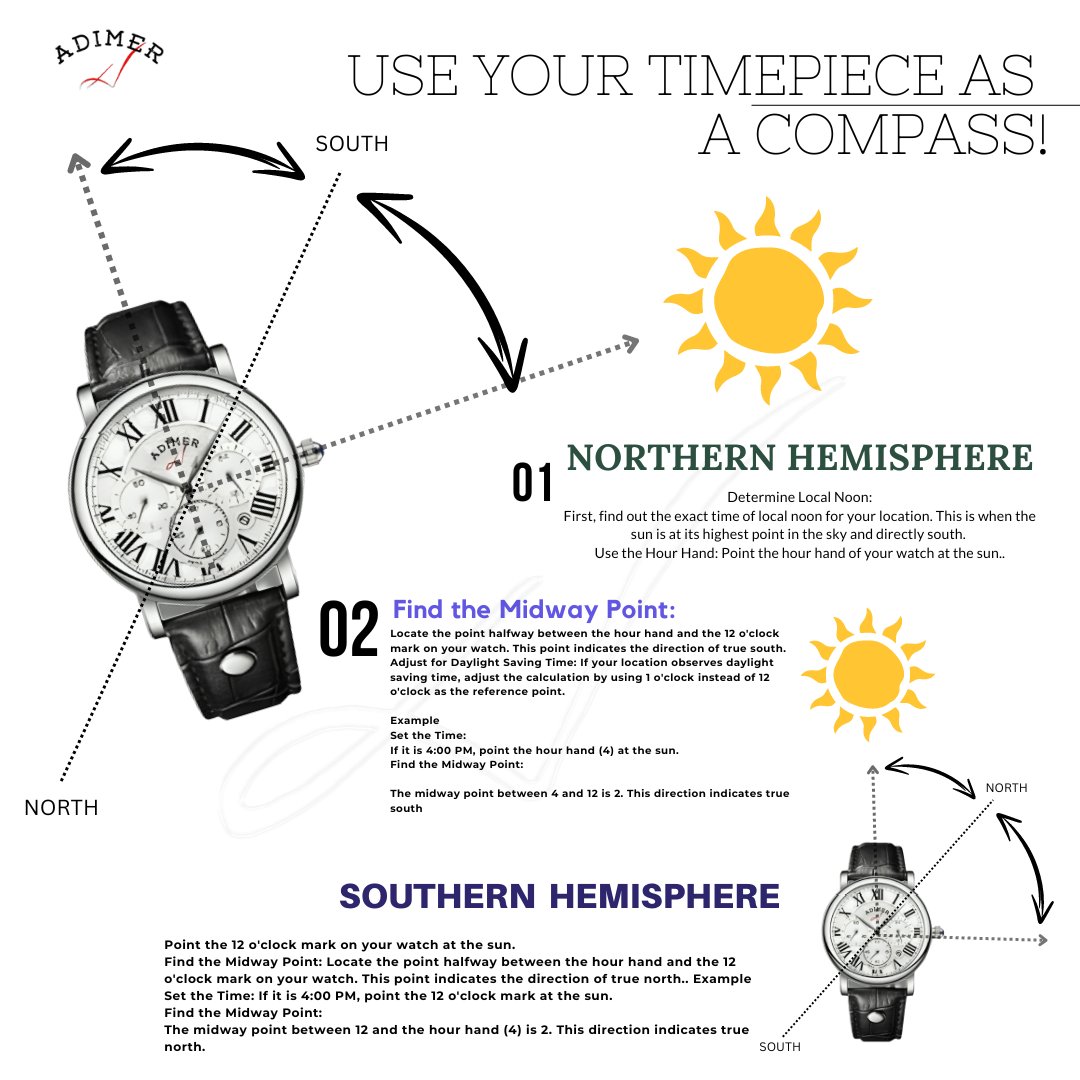 Did you know🤔 you can use your timepiece⌚️ as a compass.🧭🤯

Try it out😃✨, for South Africa 🇿🇦 use the Southern Hemisphere method.