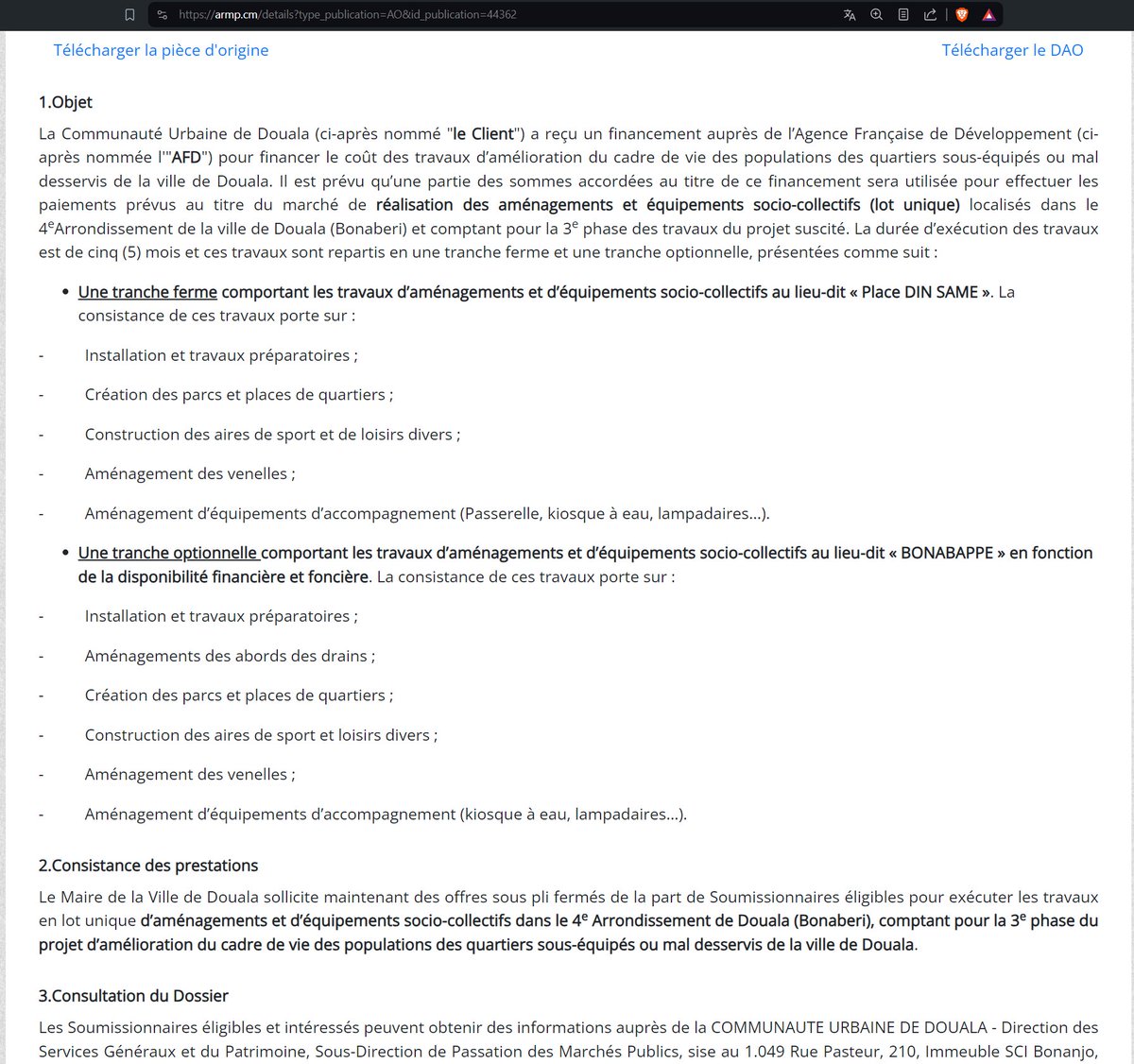 tassingremi's tweet image. Je sais que les gens sont concentrés sur le balon mais j'espère qu'à Douala on va garder l'oeil sur ce marché de plus d'un milliard octroyé à un établissement par la CUD.
«Amélioration du cadre de vie des populations des quartiers sous-équipés ou mal desservis...» BONABERI