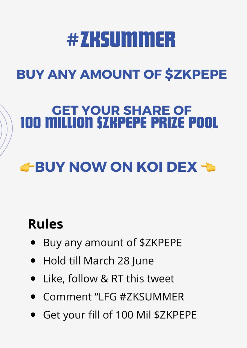 ZKPEPES's tweet photo. $ZKPEPE SUMMER SALE will kickstart #ZKSUMMER 🔥

Buy any amount of $ZKPEPE ✅

Get your share of 100 Million $ZKPEPE 🎁

Buy $ZKPEPE on KOI DEX now👇
https://t.co/MpnSMDQxEe…

$ZK #zksyncEra #ZKPEPE https://t.co/cP4UGBLaii
