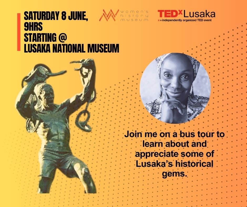 Mulengakapwepwe's tweet photo. The Women’s History Museum and TEDxLusaka present the first TEDxLusaka Adventure. It’s a bus tour around the city, visiting some of Lusaka’s historical sites. I’ll be guiding the tour. I hope you can join me! But first, get your tickets here: https://t.co/pkz3XnqcdP https://t.co/KxCYN6G3Zl