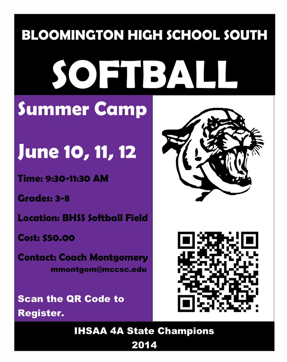 🥎 Summer Softball Camp 2024 🥎
Bloomington South Softball will hold a summer camp June 10-12 from 9:30 to 11:30 at the Bloomington South Softball field. Space is limited. For more information or to get signed up, scan the QR code.