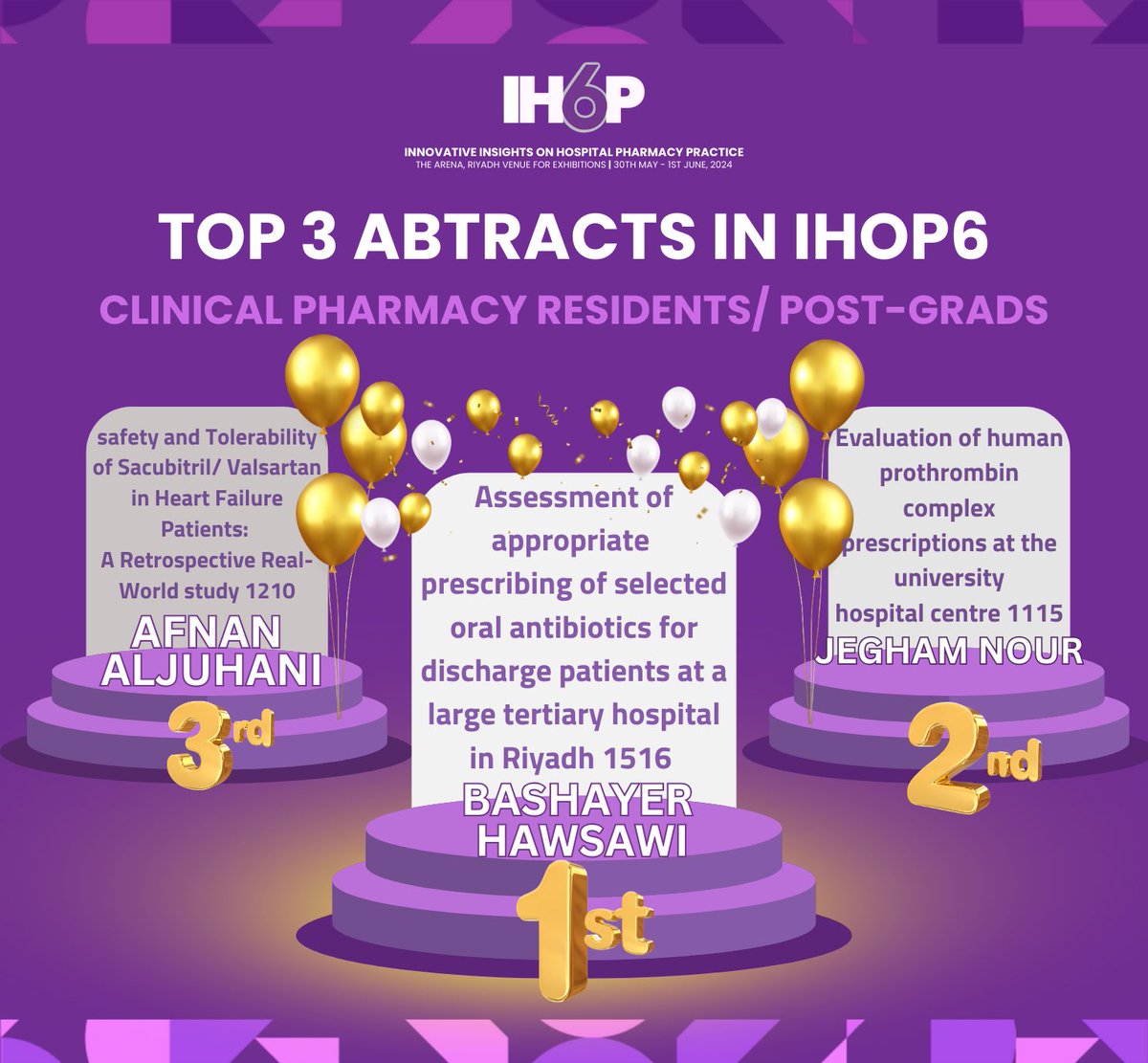 ما بين سلسلة الأبحاث المتميزة في فئة 
(Clinical Pharmacy Residency/Post-Graduate)، 
نبارك لـ (Bashayer Hawsawi) حصولها على المركز الأول 🥇