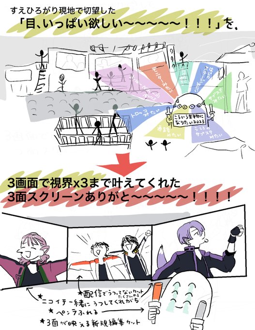 すえひろがり3面ライブスクリーン やってる会場が限られてしまうので、もし近場でやってるけど値段がな〜とためらわれてるならおすすめでしたや

スカレリ6分割のすごい版みたいな特別編集とか、配信にのってないカットとかがもりもりだったので 大変健康に良かったです 