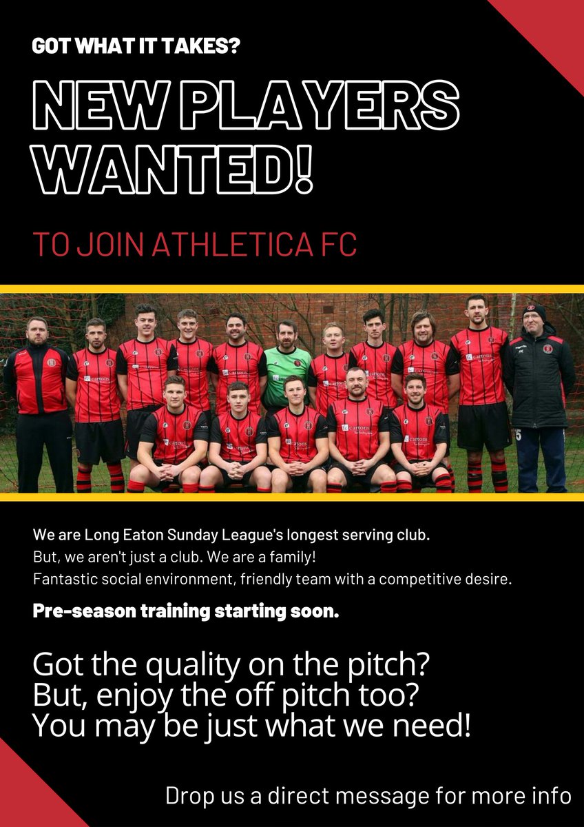 AthleticaFC1's tweet photo. 📶⚽️ 24/25 rebuild ⚽️📶

We are on the hunt for new players!

Please share the post or DM us if interested. https://t.co/e3BDHwOOiU