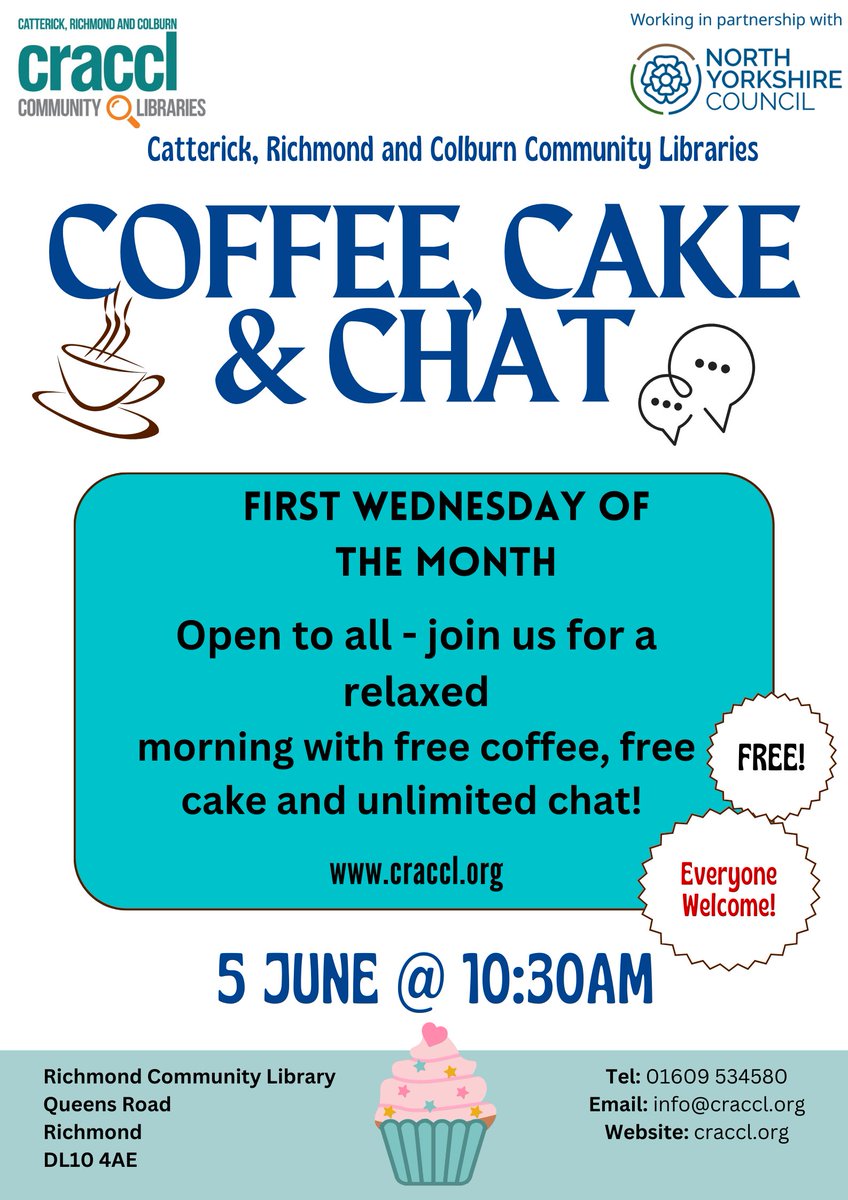 June’s Coffee, Cake and Chat session will be taking place at Richmond Library next week! Please come along and join us!👋 The session will be taking place on Wednesday 5th at 10.30am. We’ll be there for a natter over coffee and cake.