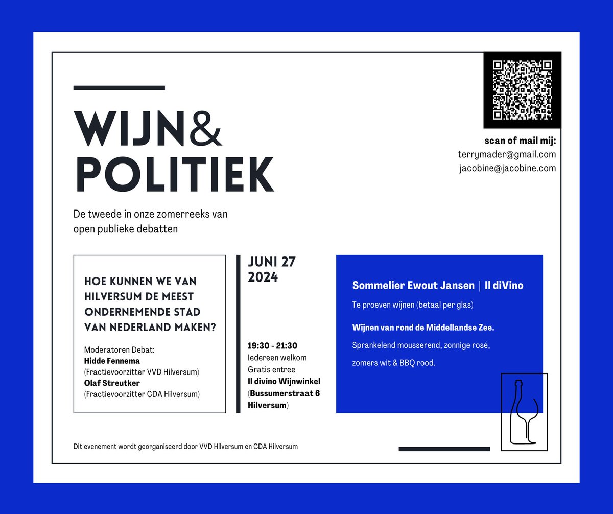 Het mooie aan lokale politiek: partij-overstijgend werken aan gezamenlijke doelen waarbij het belang van Hilversum voorop staat. En bestaat er een betere combinatie dan wijn &amp; politiek? Komt allen donderdag 27 juni naar Il Divino v.a. 19:30 uur! <a href="/VVDHilversum/">De Hilversumse VVD</a>