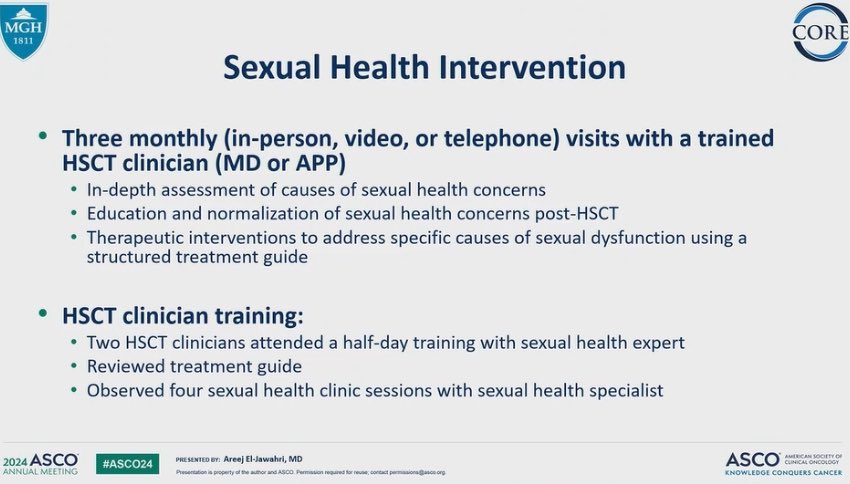 Sexual health intervention for patients after allo transplant improved:

🌎Global satisfaction with sex life
🥰Interest in sex
🤯Orgasm
🍆Erectile dysfunction 
💦Vaginal discomfort/lubrication

⭐️Sex is not a mystery. Addressing sexual health improves patients lives.

#ASCO24