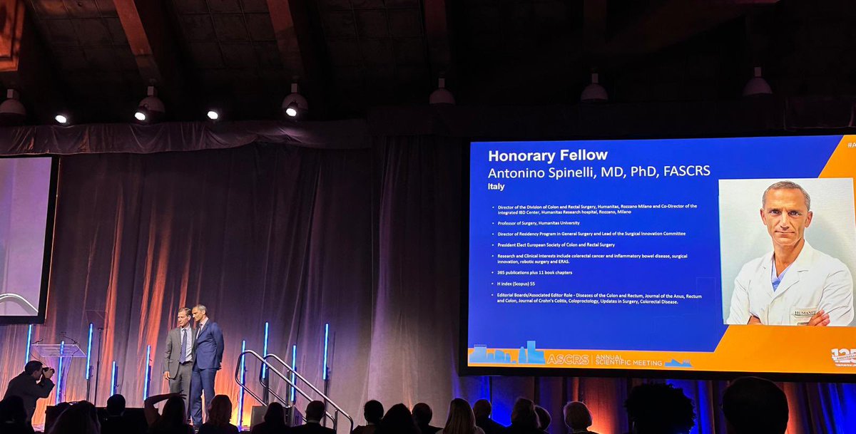 Antonino Spinelli (@antoninospin) on Twitter photo I am truly honored to receive the honorary fellowship of the American Society of Colon and Rectal Surgeons.
Thanks to all my colleagues and friends, to all the patients and to my family, for allowing me to be here today.
<a href="/ASCRS_1/">ASCRS_1</a> <a href="/escp_tweets/">European Society of Coloproctology</a> <a href="/HumanitasMilano/">Humanitas Milano</a> <a href="/HUNIMED/">Humanitas University</a> I am truly honored to receive the honorary fellowship of the American Society of Colon and Rectal Surgeons.
Thanks to all my colleagues and friends, to all the patients and to my family, for allowing me to be here today.
<a href="/ASCRS_1/">ASCRS_1</a> <a href="/escp_tweets/">European Society of Coloproctology</a> <a href="/HumanitasMilano/">Humanitas Milano</a> <a href="/HUNIMED/">Humanitas University</a>