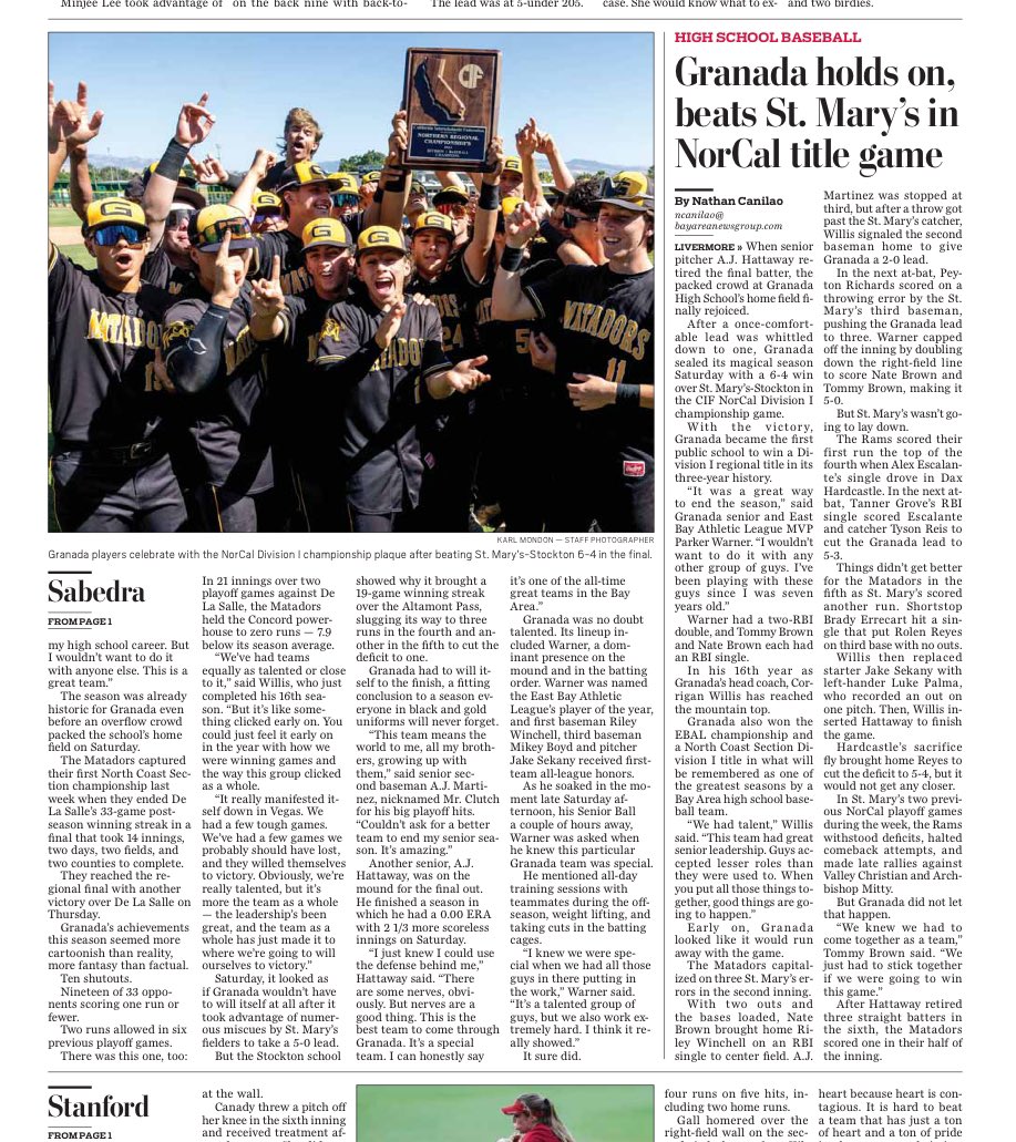 Darren Sabedra (@darrensabedra) on Twitter photo IN TODAY’S <a href="/mercnews/">Mercury News</a> & <a href="/EastBayTimes/">East Bay Times</a> sports sections 👉
<a href="/matadorbaseball/">Granada Baseball</a>:
LEGACY CEMENTED
Story links:
Column: mercurynews.com/2024/06/01/gra…
Gamer: mercurynews.com/2024/06/01/nor… IN TODAY’S <a href="/mercnews/">Mercury News</a> & <a href="/EastBayTimes/">East Bay Times</a> sports sections 👉
<a href="/matadorbaseball/">Granada Baseball</a>:
LEGACY CEMENTED
Story links:
Column: mercurynews.com/2024/06/01/gra…
Gamer: mercurynews.com/2024/06/01/nor…