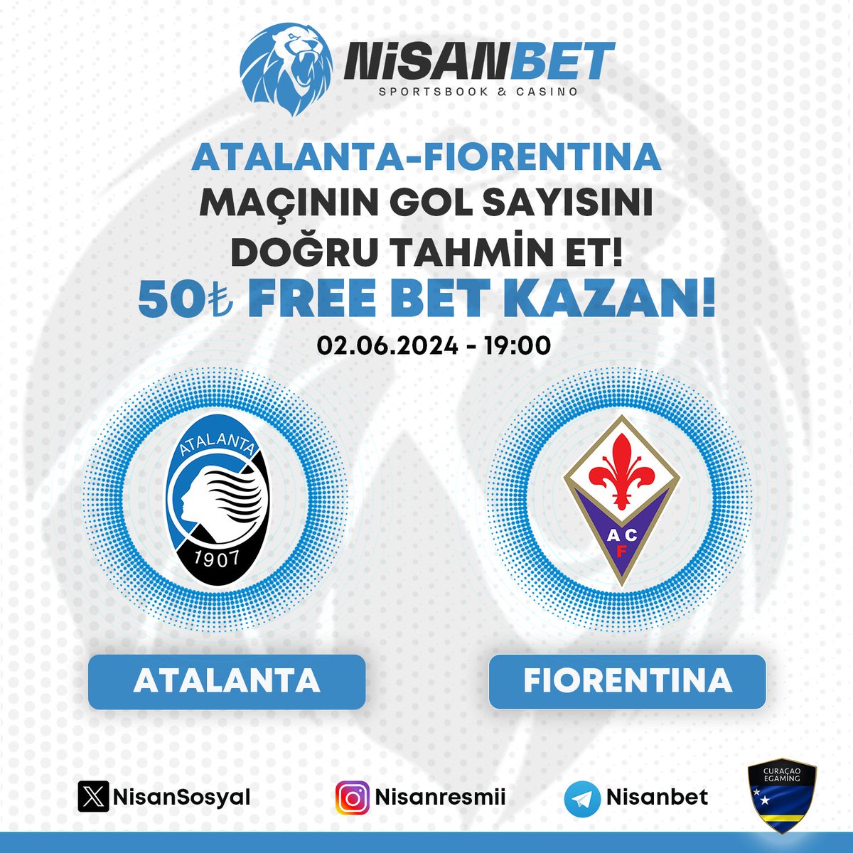 nisanbetsosyal's tweet photo. 🎁 Nisanbet'ten günün etkinliği!

⚽ Atalanta - Fiorentina maçının toplam gol sayısını doğru tahmin eden herkese 50₺ Freebet hediye!

✅ Hesabımızı takip et, gönderiyi retweetle!
📲 Kullanıcı adını ve tahminini yorumlarda paylaş.

🦁 Hemen oyna: https://t.co/UMvL3d9rNc https://t.co/VzFaXpboCK