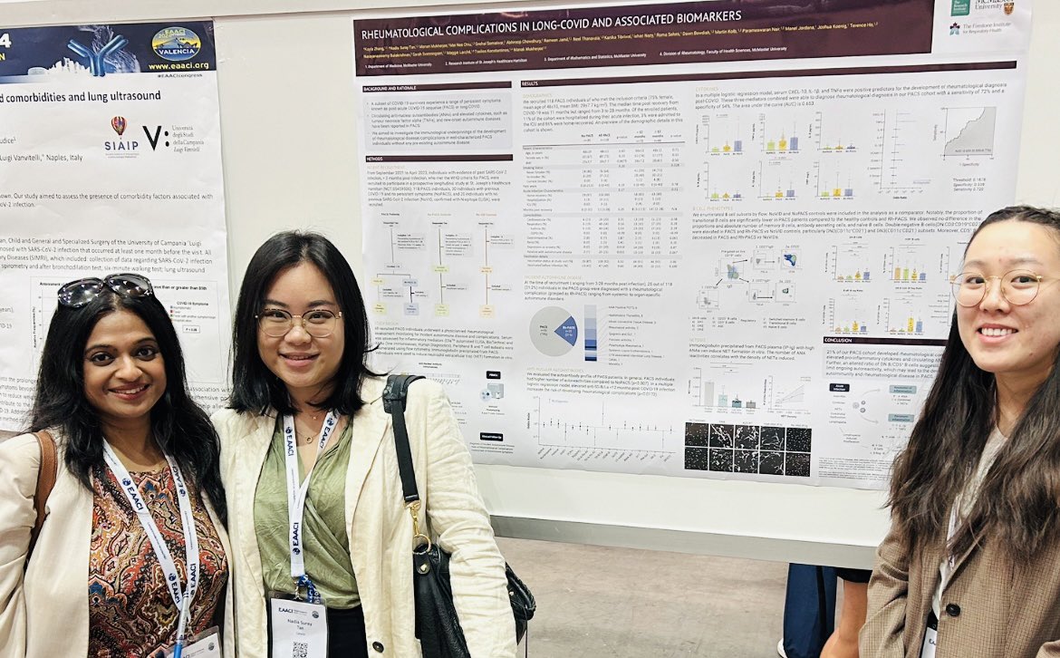 DrMMukherjee's tweet photo. Presenting at #EAACI2024 #Valencia #MukherjeeLab Nadia Suray Tan (PhD candidate) and Kayla Zhang (MSc candidate) on #LongCovid #egpa and #Bcells @MacDeptMed @ResearchStJoes https://t.co/xMG1A1sTnH