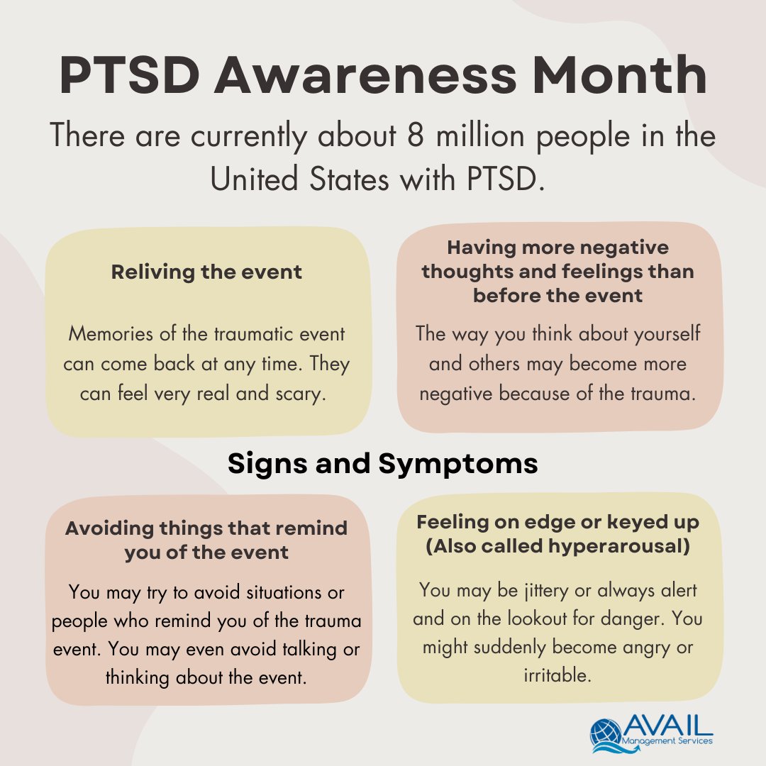 AvailManagement's tweet image. June is National PTSD Awareness Month. 8-9 million Americans have been exposed to life-threatening and traumatic events. This month, learn more about this condition and advocate for those who have been diagnosed and affected.
Learn more: nimh.nih.gov/health/publica…