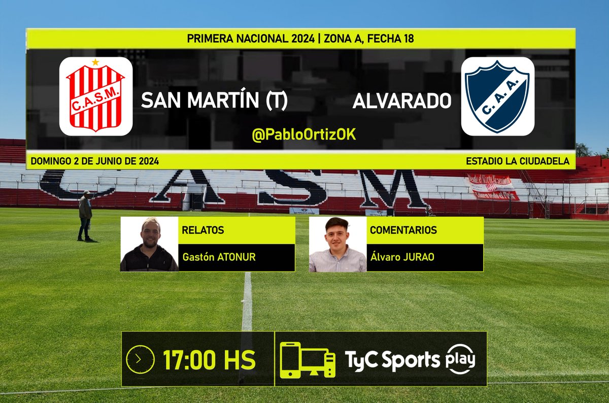 PabloOrtizOK's tweet photo. #PrimeraNacional🇦🇷 | #SanMartínTuc vs. #Alvarado
🎤 Relata: @gastonatonur
🎤 Comenta: @AlvaroJurao97
💻📱: @TyCSportsPlay
#NacionalEnTyCSports https://t.co/ixFBPUkmsy