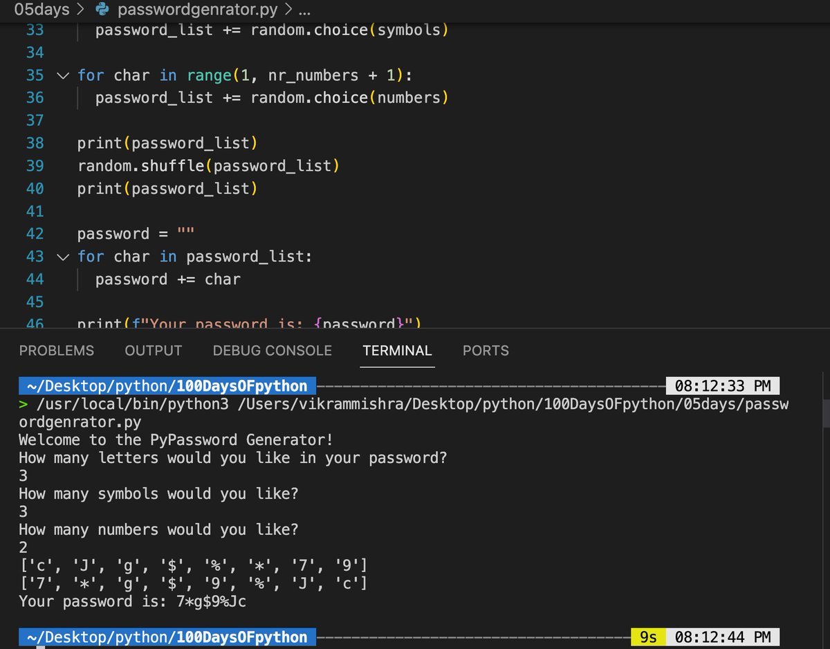 VikramMishra_'s tweet photo. 🚀 Day 5 of #100DaysOfCode! Today I mastered loops in Python and built a Password Generator project. 🔐💻 Learning something new every day and loving the journey! Let's connect and code together. 💪✨ #Python #CodingJourney #DevCommunity #100daysofcodeangelayu https://t.co/Kz633rRwDV