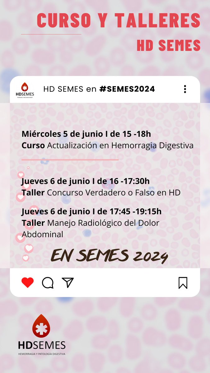 Sigue la cuenta atrás! 
#SEMES2024 <a href="/SEMES_/">SEMES</a>
📍Miércoles 5 de junio
🕒 15  - 18h

Apúntate al Curso: Actualización en Hemorragia Digestiva.