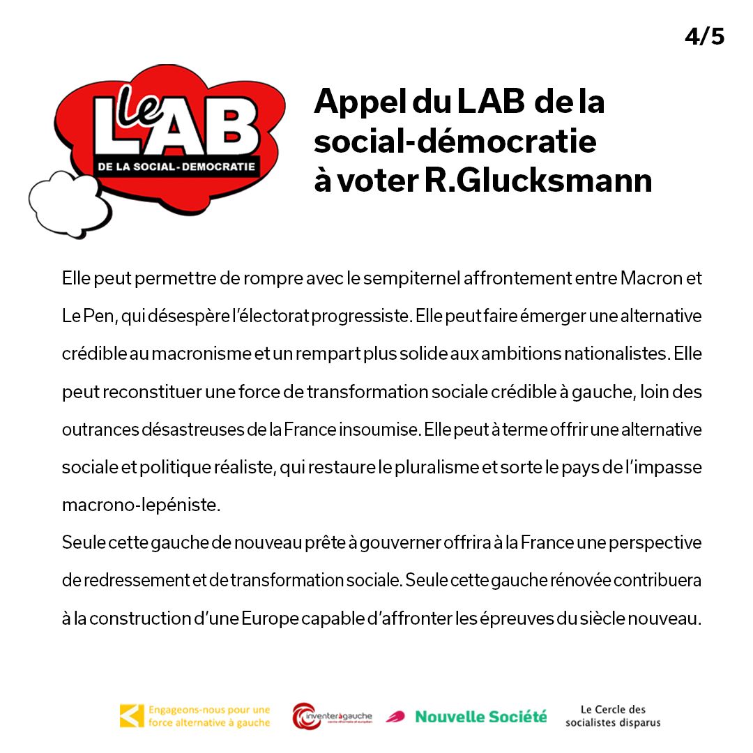 #Appel du LAB de la social-démocratie <a href="/LabSocDem/">Le LAB de la social-démocratie</a>
Ensemble pour #ReveillerLEurope

#JeVoteGlucksmann 4/5