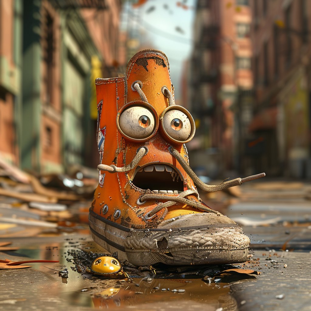 GraphicBull's tweet image. 👟🐛 Eek! It&apos;s a shoe-nami! 🌊 This little sneaker is not taking any chances with bugs on the sidewalk! 😂 Who else remembers the playful energy of Pixar animations? #PixarStyle #ShoeLife #AnimatedFun