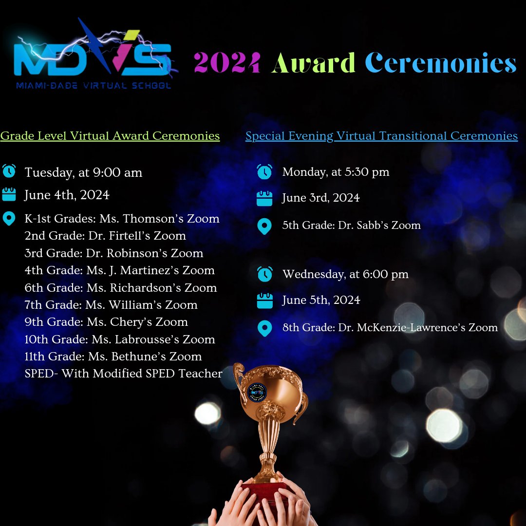 Award Ceremonies take place next week for all grades. See schedule and teacher's zoom links listed on post. All zoom links are available on our schools website MDVS.dadeschools.net under Contact us, Staff Directory. <a href="/MDCPS/">Miami-Dade Schools</a> <a href="/MDCPSNorth/">M-DCPS North Region</a> #YourBestChoiceMDCPS