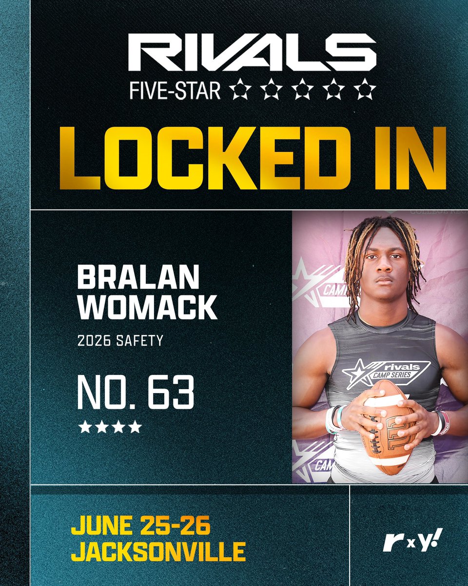 🚨LOCKED IN🚨 4⭐ S Bralan Womack is one of the 100 BEST prospects in the country coming to Jacksonville to compete at the Rivals Five-Star on June 25-26💪🔥