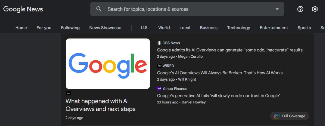 #Google ranks its #PR piece about its #AI overviews as the top story on the topic in Google News, ahead of <a href="/CBSNews/">CBS News</a> <a href="/WIRED/">WIRED</a> <a href="/YahooFinance/">Yahoo Finance</a>. This really is everything you need to know about big companies taking control of news streams. <a href="/rustybrick/">Barry Schwartz</a> <a href="/sengineland/">Search Engine Land</a> <a href="/randfish/">Rand Fishkin (follow @randderuiter on Threads)</a> <a href="/lilyraynyc/">Lily Ray 😏</a>