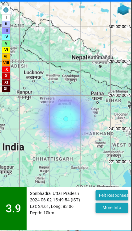 ANI's tweet photo. An earthquake of magnitude 3.9 on the Richter Scale occurred today at 3:49 pm in Sonbhadra, Uttar Pradesh: National Center for Seismology https://t.co/kdPFOSvQcO
