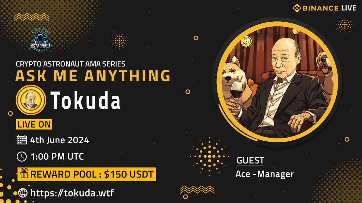 CryptoAs_TW's tweet photo. We're thrilled to announce our next #AMA with"Tokuda"on 4th June 2024 at, 1:00 PM UTC 

🔶 𝗕𝗜𝗡𝗔𝗡𝗖𝗘 𝗟𝗜𝗩𝗘 🔶

🏠Venue:https://t.co/44RXJ0VbrP

🎁 Reward Pool: $150 USDT

🔰Rules
Follow @CryptoAs_TW &amp; @tokuda_wtf 

💠 Comment &amp; Like,Retweet &amp; Follow https://t.co/ZnCuCx2Wru