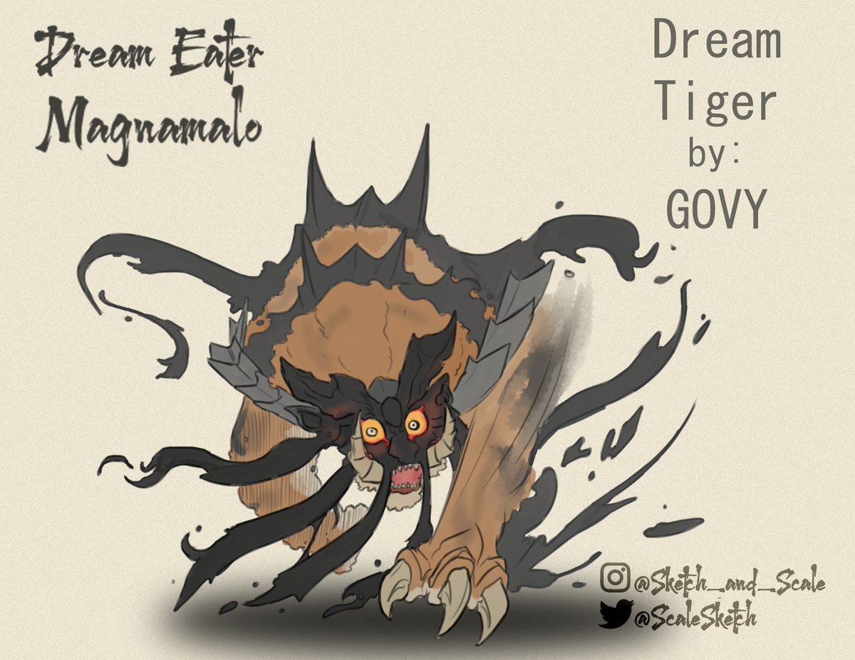 ScaleSketch's tweet photo. Dream Eater Magnamalo: This subspecies has specialized itself to feast on the positive thoughts of the creatures around it, leaving its prey and itself with only negative, nightmarish emotions. The beast uses these overwhelming emotions to amplify its attacks.(Dream Tiger is rad) https://t.co/boMCkuqsus
