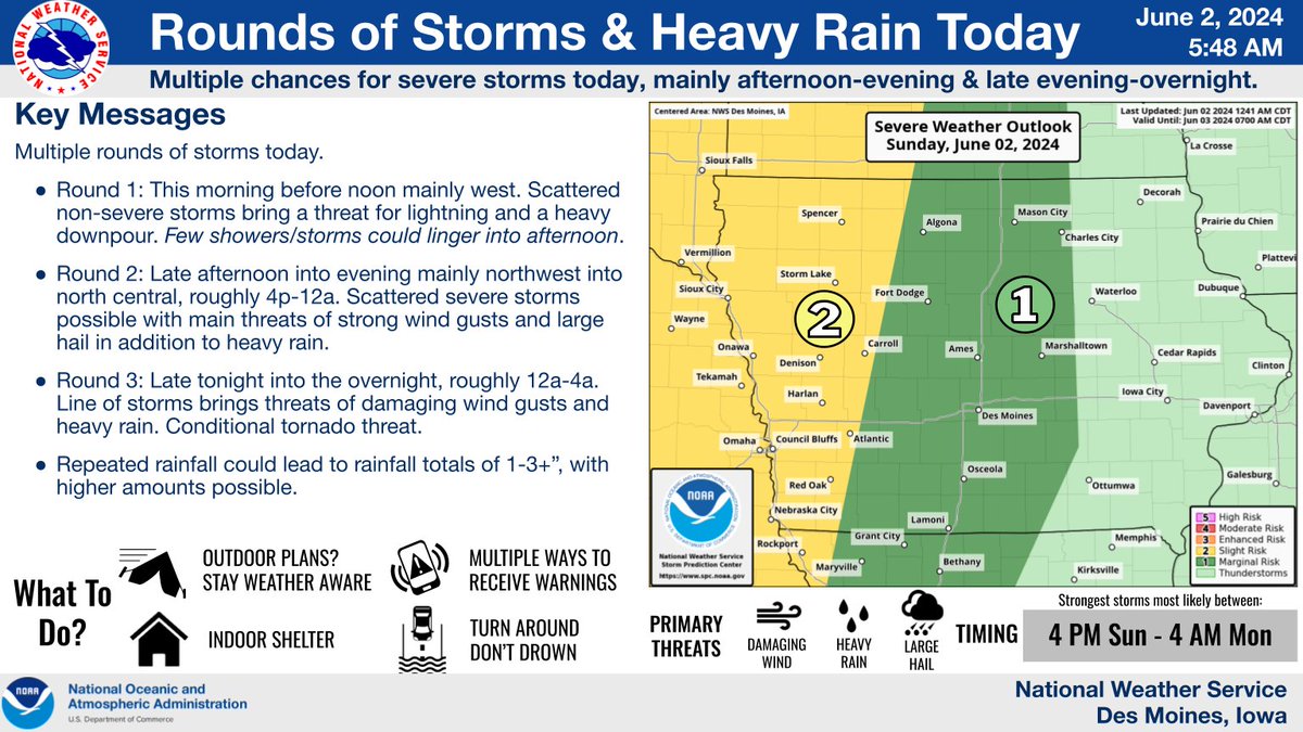 Multiple rounds of storms &amp; heavy rainfall today. 

Round 1 - Into midday. Main threat is lightning &amp; a brief heavy downpour. 

Round 2 - Late afternoon/evening, mainly NW/North Central. Main threats are strong wind gusts, large hail, and heavy rainfall.  

(1/2)