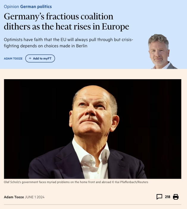 Ahead of the European elections in the coming week, where is Germany and the Scholz government in Europe at this critical juncture?
The latest Chartbook newsletter riffing on a pointed op-ed for <a href="/FT/">Financial Times</a> 
adamtooze.substack.com/p/chartbook-28…