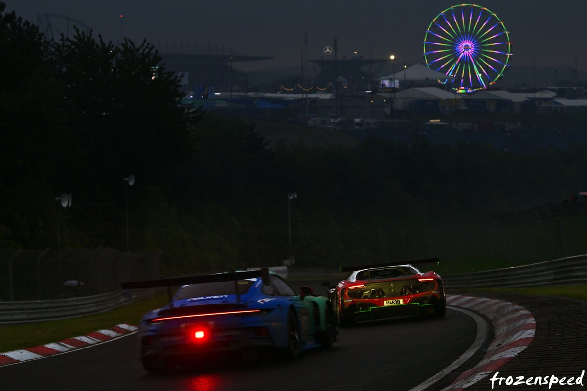 Rain dance. Frikadelli Ferrari F296 drifting out of Sabine Schmitz Kurve closely followed by the Falken GT3R. #24hNbr