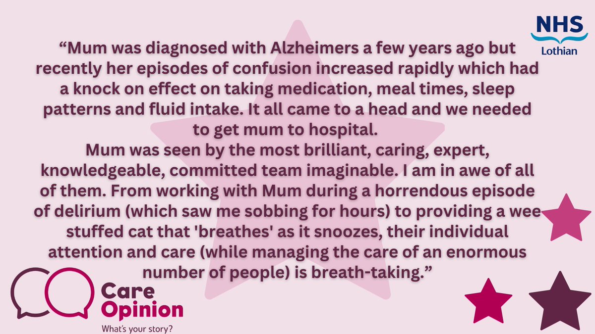 A patient's relative has shared their Mum's experience during an episode of delirium, cared for by a "Dedicated, wonderful team" at the Western General Hospital 🏥

Read the full story on careopinion.org.uk/1208911