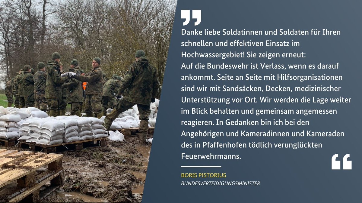 BMVg_Bundeswehr's tweet photo. #Bundeswehr leistet #Amtshilfe: Rund 800 #Soldat|innen helfen bei der Bewältigung der aktuellen Hochwasserlage. Sie unterstützen derzeit in Bayern mit Sandsäcken, Decken und Fahrzeugen. In Erfurt liegen rund 200.000 weitere Sandsäcke bereit. https://t.co/aktDhVnEAq