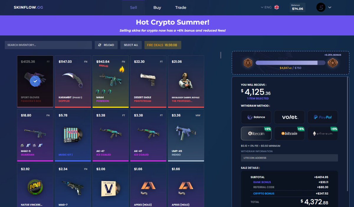 Looking to sell CS2 skins for crypto? Now is the BEST time on Skinflow👇  The Hot Crypto Summer event is live and adds a 6% bonus on any crypto  withdrawal without hidden