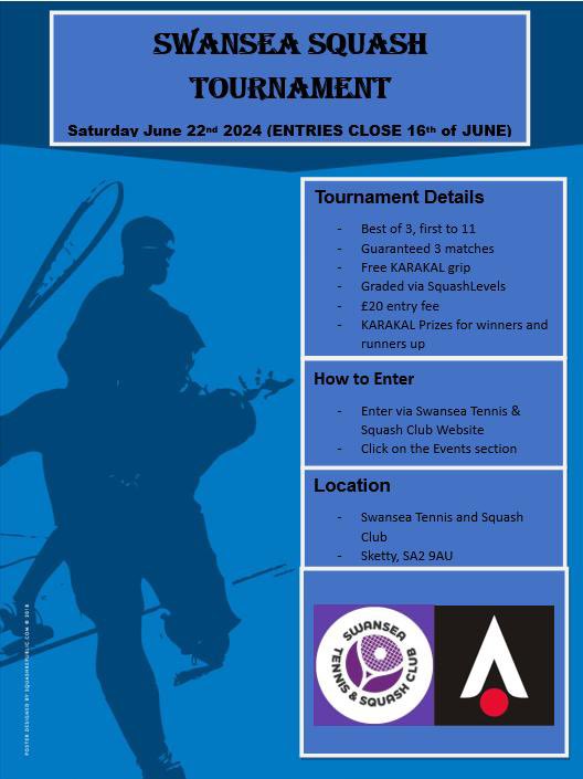 Swansea Squash Club are holding a one day Squash Levels graded Tournament on Saturday 22nd of July. £20 entry. Guaranteed 3 matches. Limited spaces.