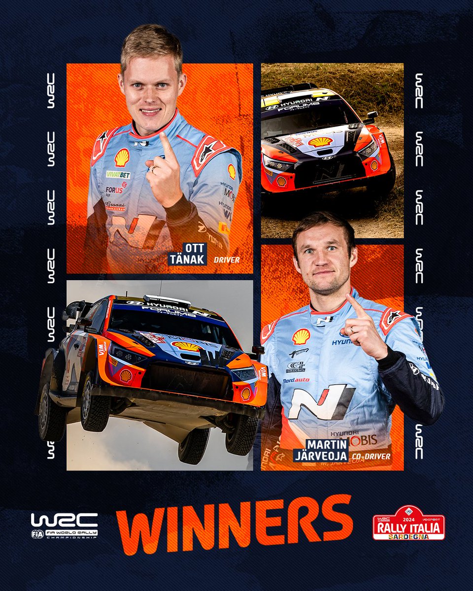 OfficialWRC's tweet image. 🥇 Winners Rally Italia Sardegna 2024 👏

Congratulations  @OttTanak  / Martin Järveoja
@HMSGOfficial  @pirellisport 

#WRC I #HMSGOfficial I #RallyItaliaSardegna 🇮🇹
